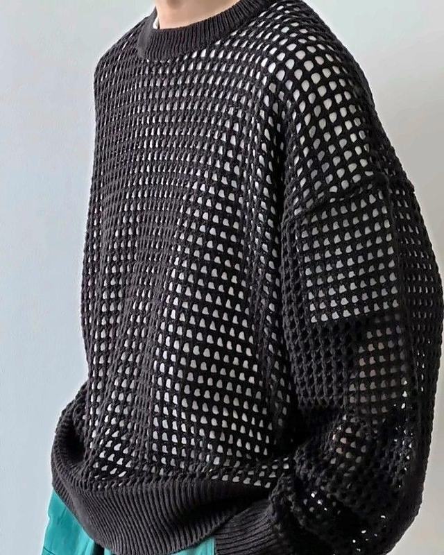 Black Mesh Sweater, handmade crochet mesh sweater