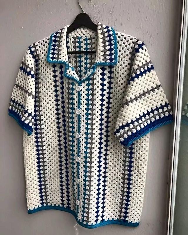 Blue Stripe Granny Shirt, handmade crochet striped shirt