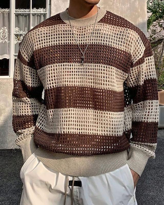Brown Stripe Mesh Sweater, handmade crochet mesh sweater