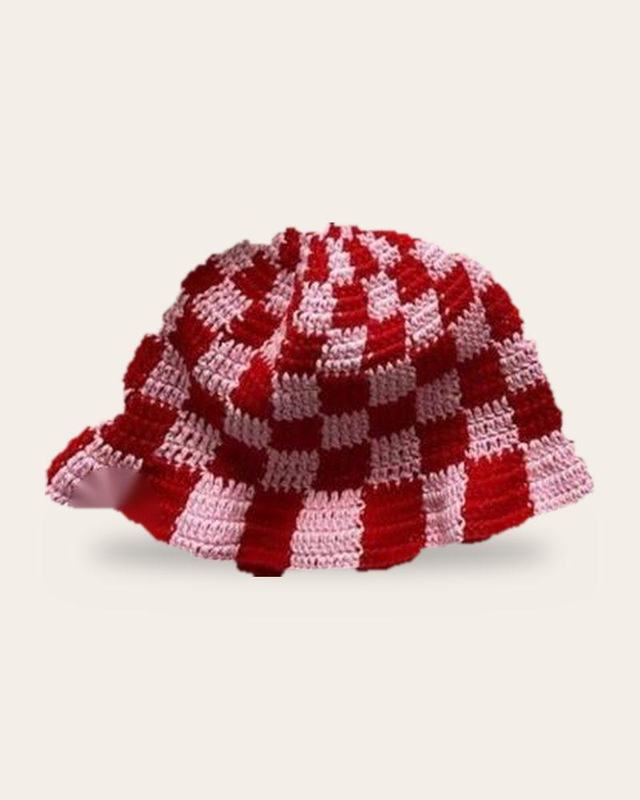 Cherry Checker Bucket Hat, handmade crochet bucket hat