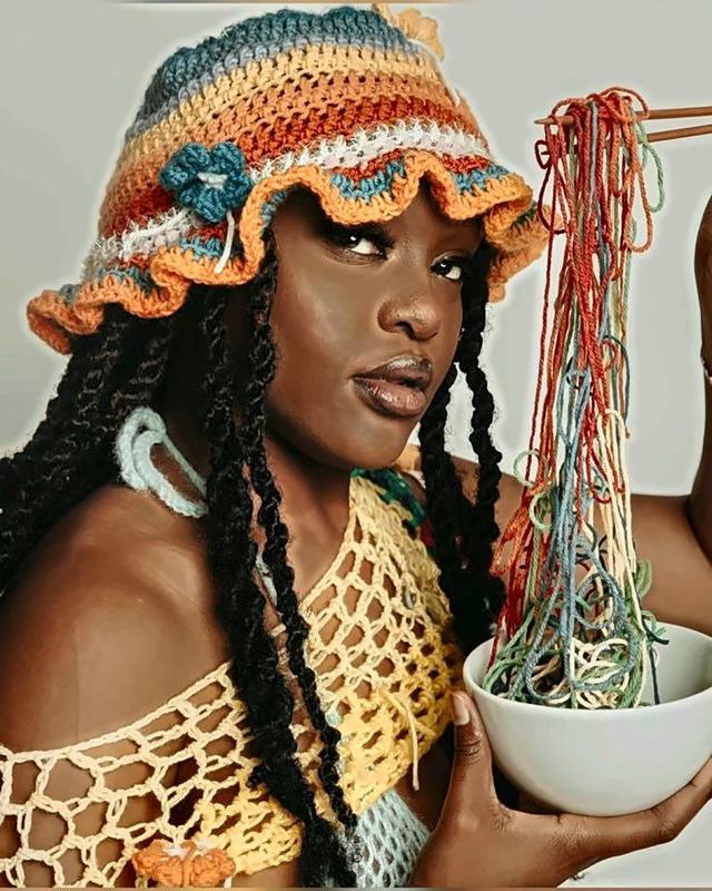 Customer wearing Hookagé handmade crochet, photo 2