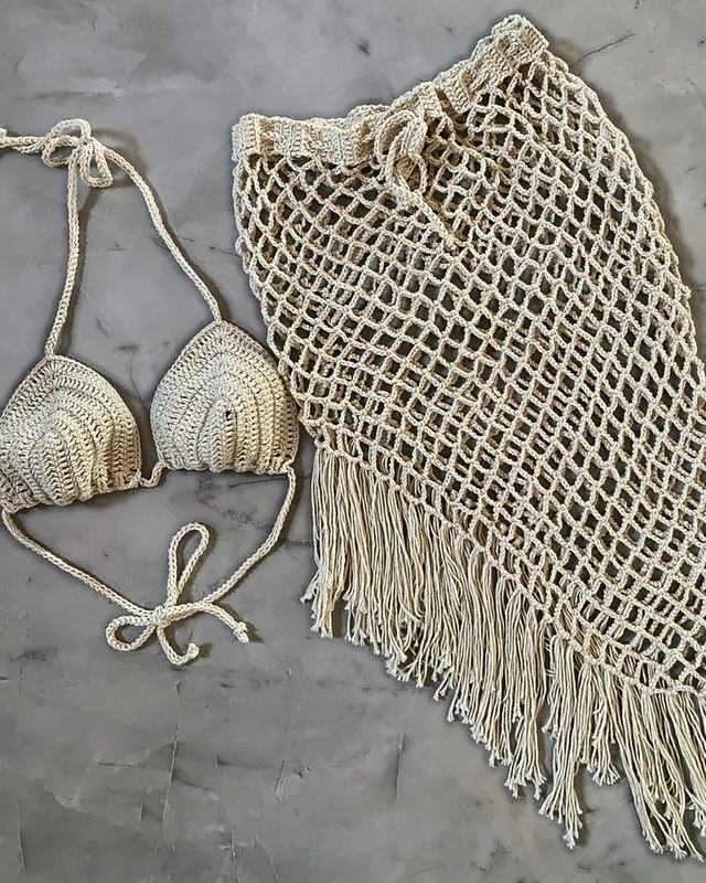 Cream Fringe Bikini & Skirt Set, handmade crochet bikini and skirt set
