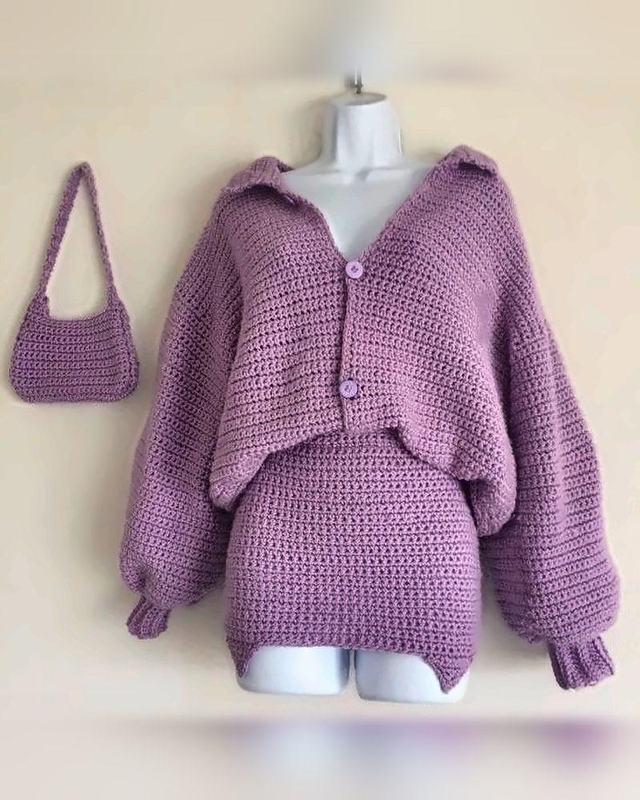Lilac Cardigan & Skirt Set, handmade crochet cardigan and skirt set