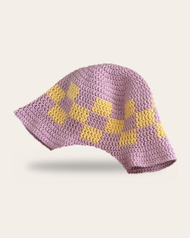 Lilac Checker Bucket Hat, handmade crochet bucket hat