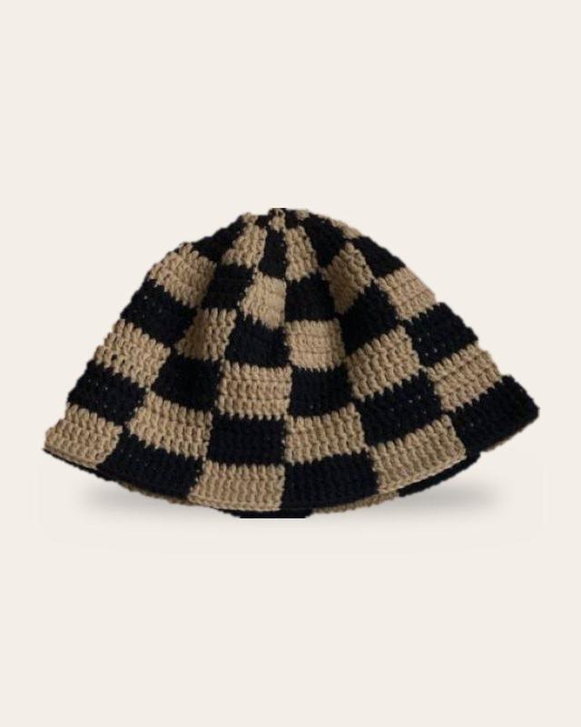 Mocha Checker Bucket Hat, handmade crochet bucket hat