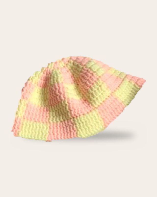 Peach Lemon Checker Bucket Hat, handmade crochet bucket hat