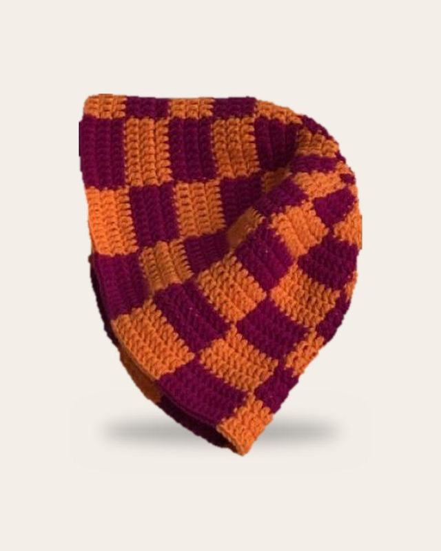 Plum Orange Checker Bucket Hat, handmade crochet bucket hat