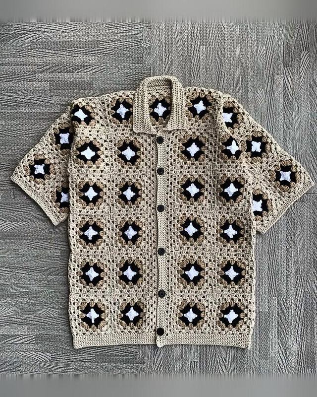 Sand Granny Square Shirt, handmade crochet granny square shirt