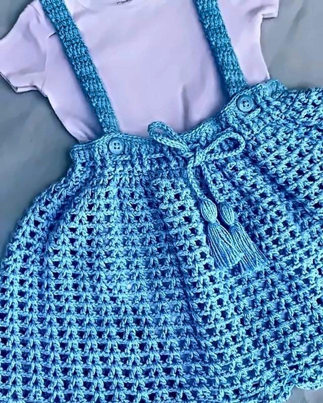 Sky Blue Pinafore Skirt, handmade crochet pinafore skirt