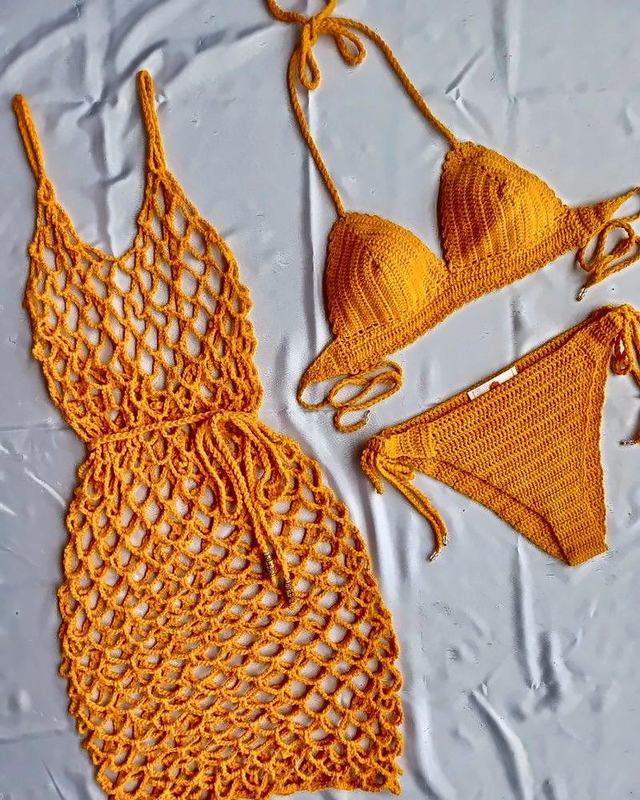 Sunshine Mesh Cover-up & Bikini Set, handmade crochet cover-up and bikini set