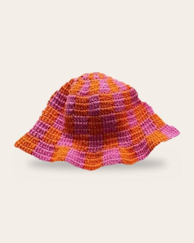 Tangerine Checker Bucket Hat, handmade crochet bucket hat