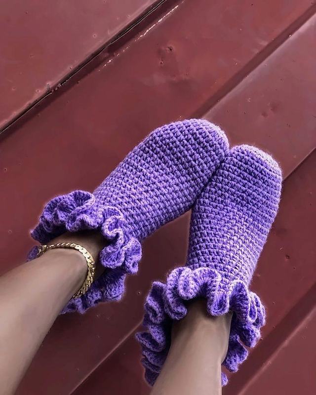 Violet Ruffle Slippers, handmade crochet slippers